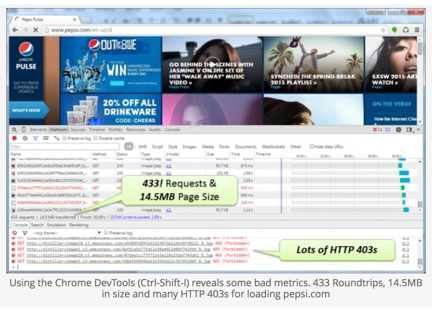 Chrome DevTools reveals some bad metrics for Pepsi's site.